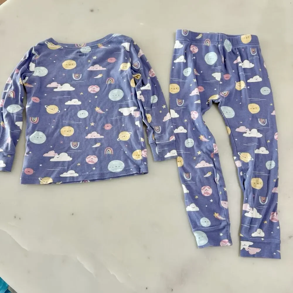 Old Navy Purple Gender Neutral Star Planet Rainbow Cloud Long Pajama Set Size 4T